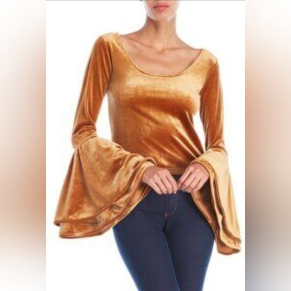 Torn by Ronny Kobo Velvet Top Medium Mustard Harvest Gold Bell Sleeve Boho Glam